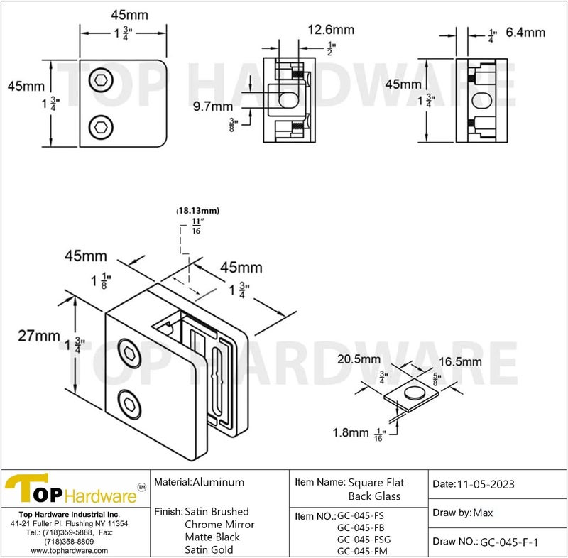 KS Hardware Stainless Steel Square Flat Back Glass Clamp 45 x 45 mm for 1/4" - 3/8" Tempered Glass or Laminated Glass (Matt Black Finish, 45 x 45 mm 4 Pcs GC-045FB) - Image 2